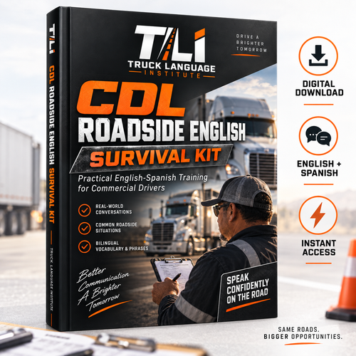 CDL Roadside English Survival Kit book by Truck Language Institute, shown as a 3D mockup with promotional icons on the right highlighting digital download, English + Spanish, instant access, and same roads bigger opportunities.