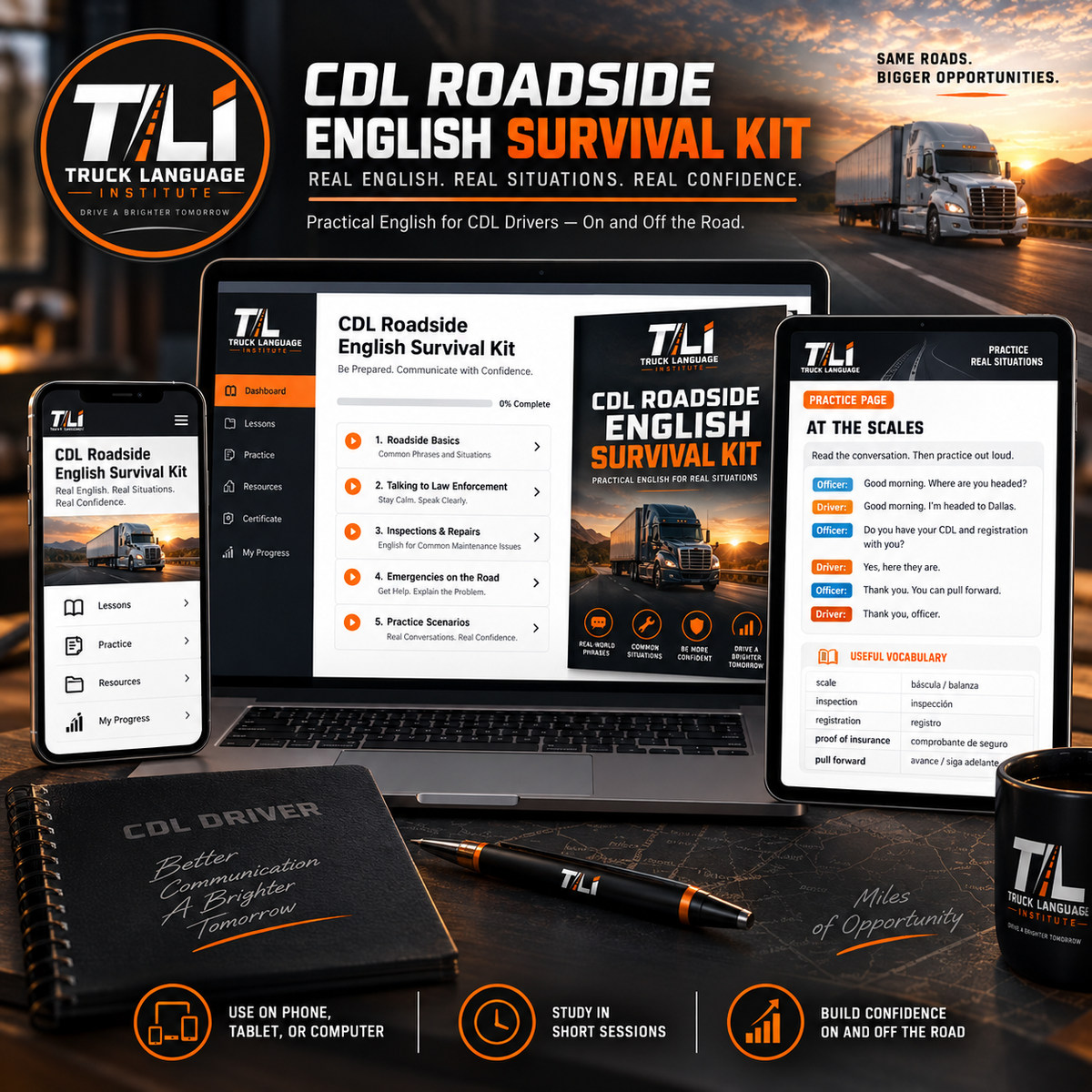 CDL Roadside English Survival Kit digital course and study materials set, shown on a laptop, phone, and tablet mockup with a branded notebook, pen, and mug on a dark desk. The design uses a warm sunset road scene in the background with the T&L Truck Language branding.