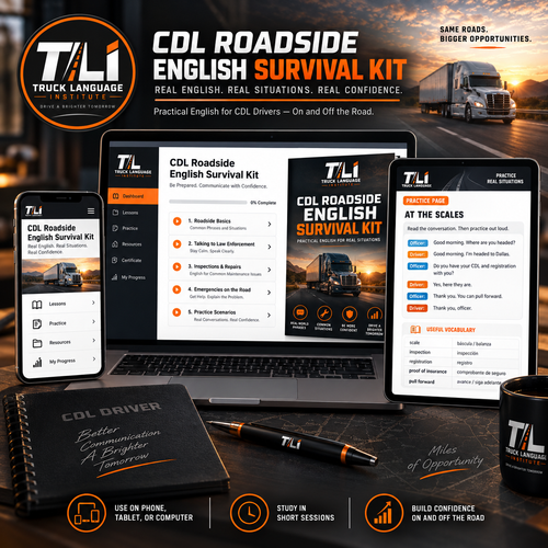 CDL Roadside English Survival Kit digital course and study materials set, shown on a laptop, phone, and tablet mockup with a branded notebook, pen, and mug on a dark desk. The design uses a warm sunset road scene in the background with the T&L Truck Language branding.