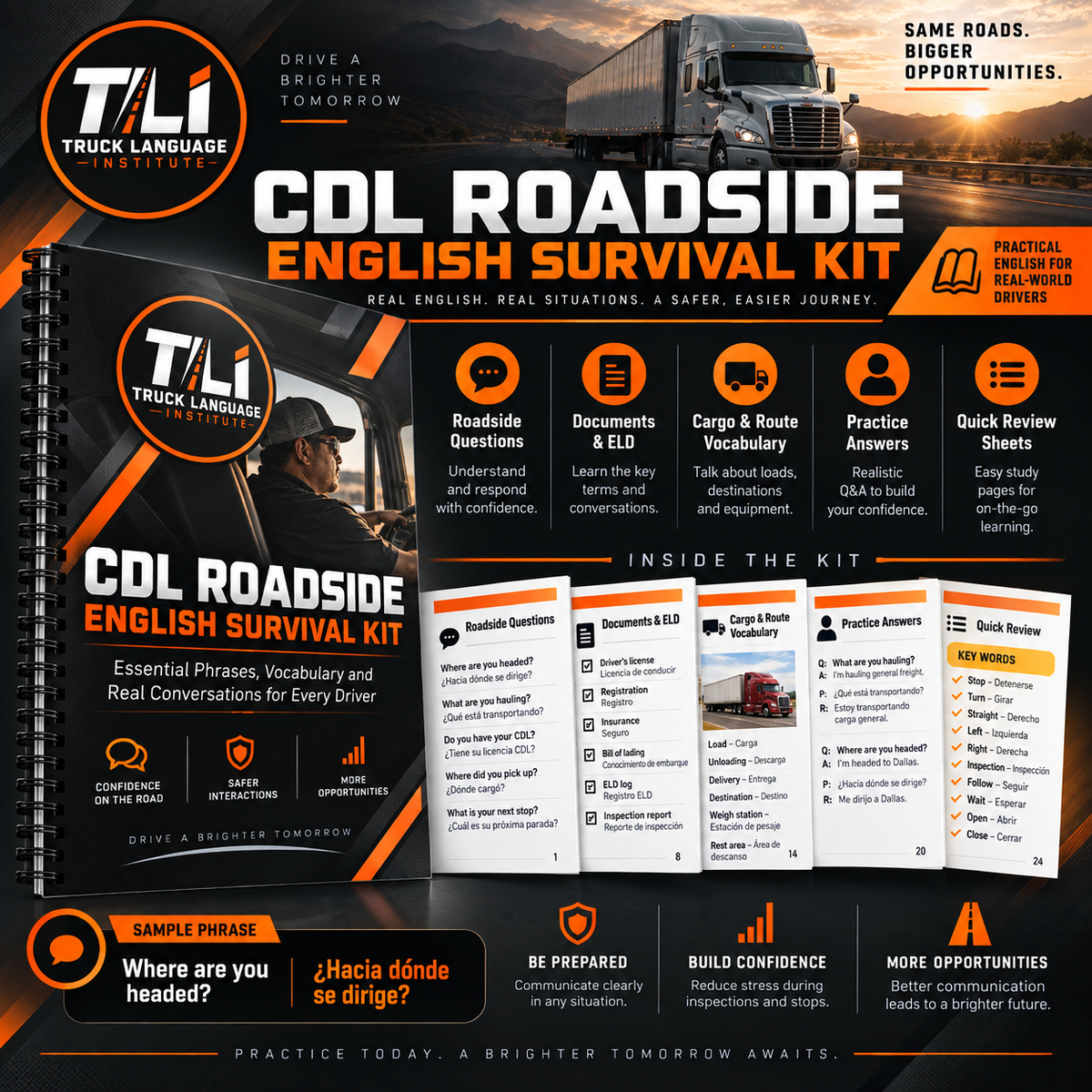 CDL Roadside English Survival Kit promotional graphic showing a spiral-bound study guide, a black binder with orange accents, sample worksheet pages, and a large truck on a road background. The design uses orange, black, and white with text highlighting study components like roadside questions, documents andELD, cargo and route vocabulary, practice answers, and quick review sheets.